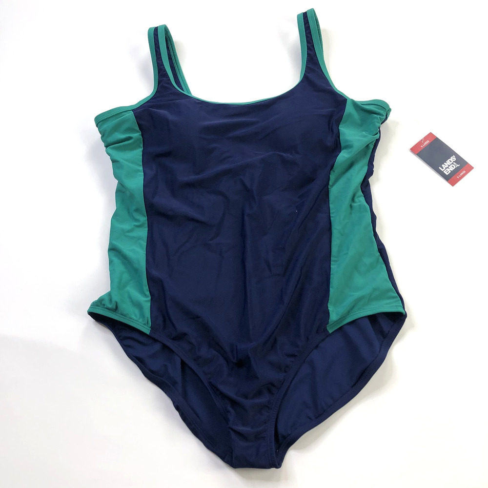 Lands End NEW XL One Piece Swimsuit Bathing Suit Tummy Control Swim Beach Blue
